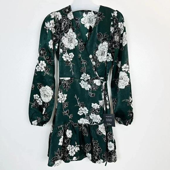 NWT LULUS Green Floral Satin Long‎ Sleeve Mini Dress So Splendid S - Picture 4 of 13